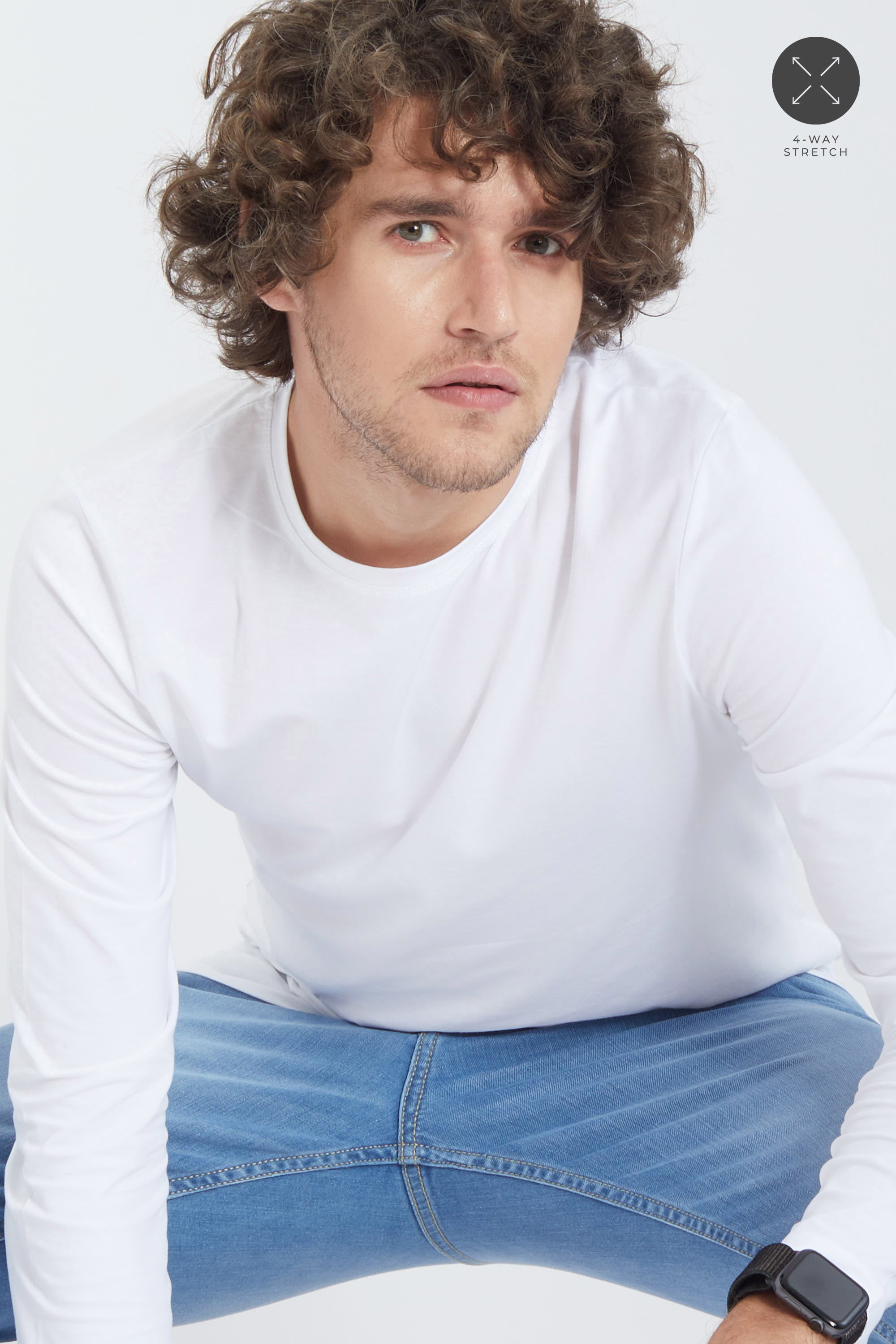 White Full Sleeves 4way Stretch Crew Neck TShirt SNITCH