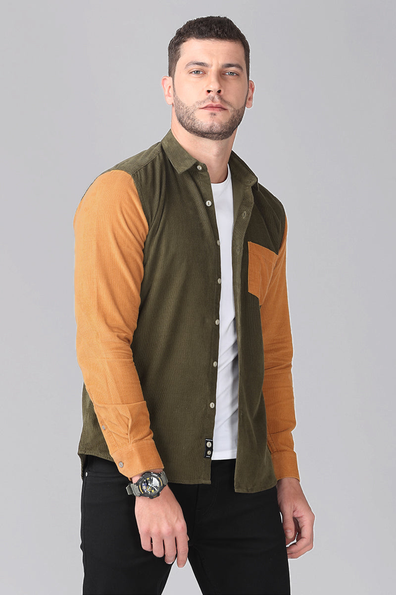 Olive Green With Rustic Orange Corduroy Shirt - SNITCH