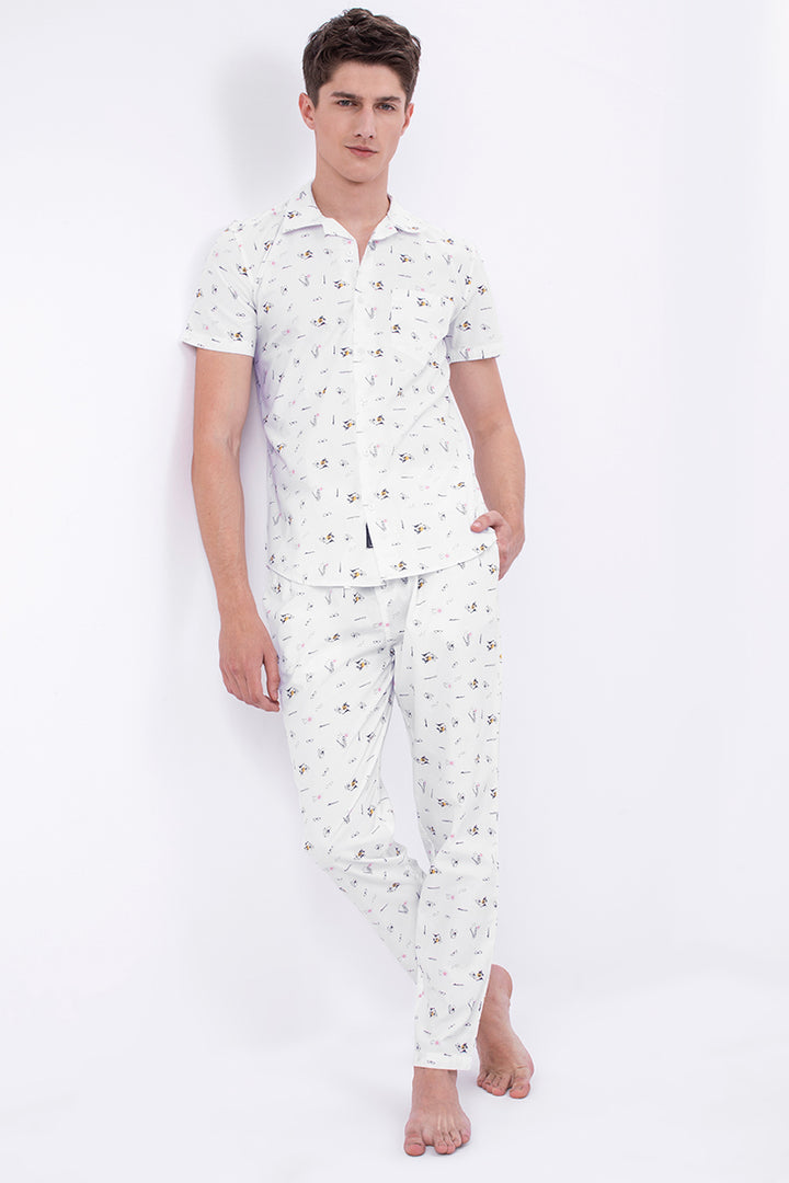 White Fun Beach Print Cotton Pyjama Set - SNITCH
