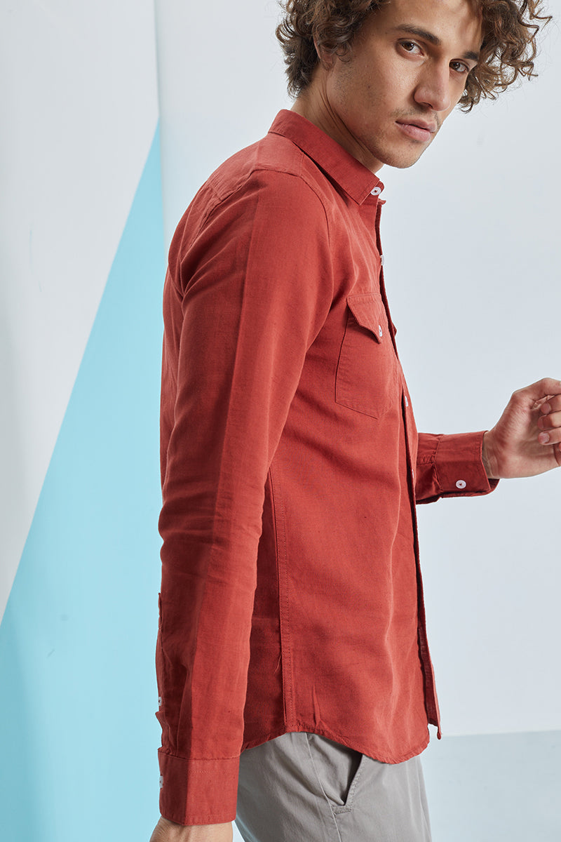 Brick Red Double Pocket Cotlin Shirt - SNITCH