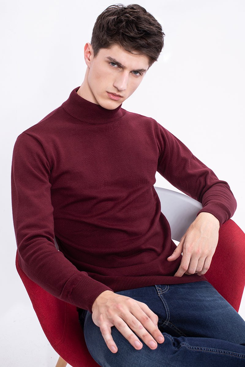 Maroon Solid Rib-Knit Turtle Neck Sweater - SNITCH