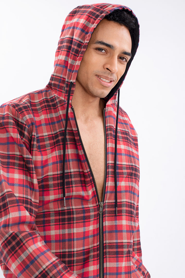 Red Multi Checks Flannel Hoodie Jacket - SNITCH