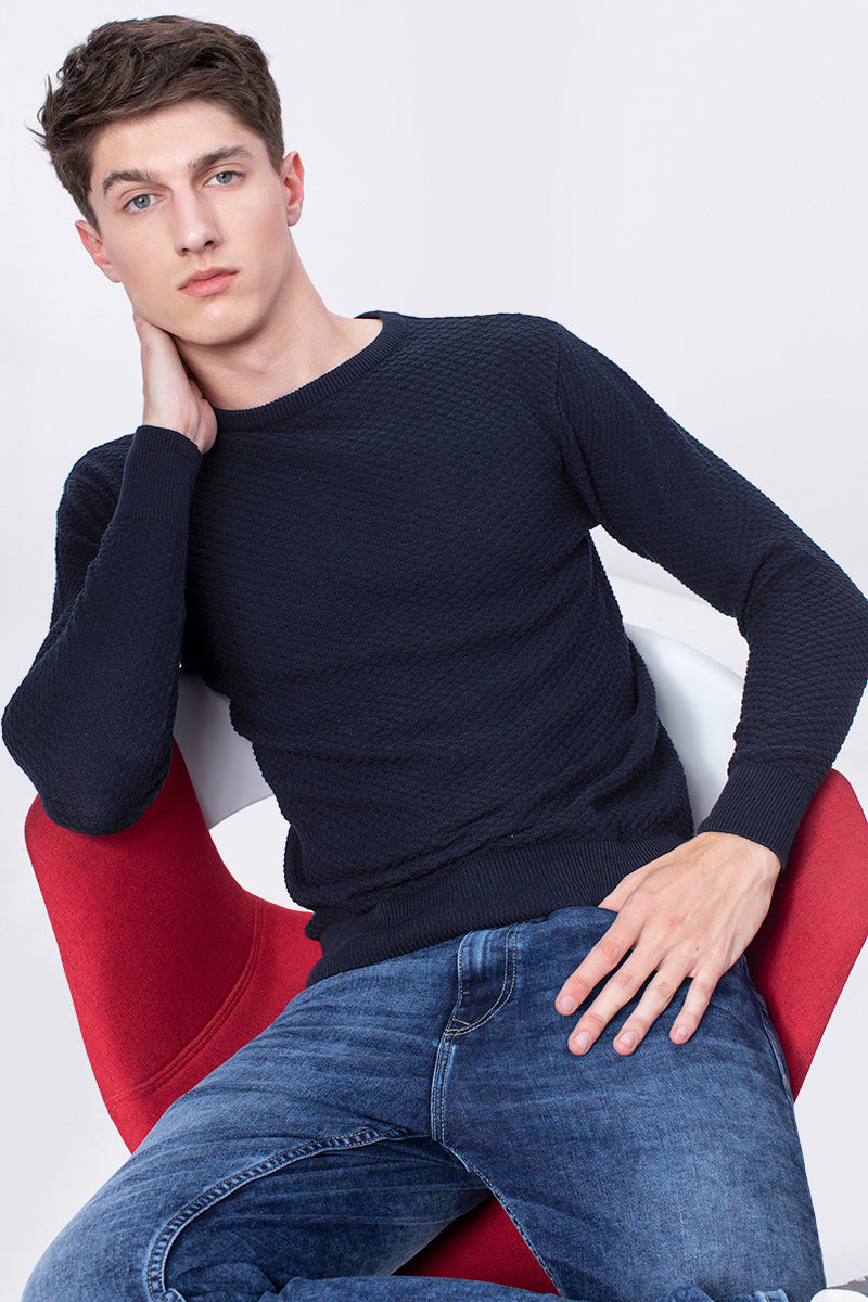 Navy Solid Rib-Knit Crew Neck Sweater - SNITCH