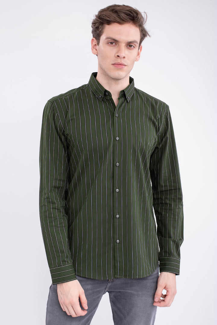 Green Cotton Twill Stripe Shirt - SNITCH