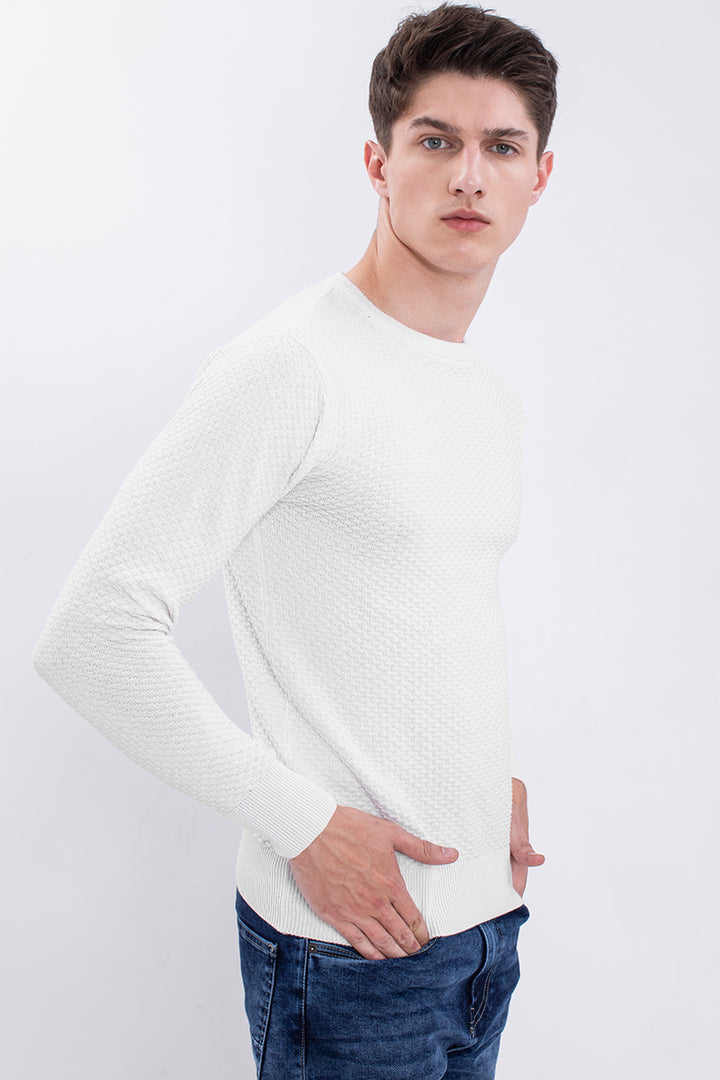 White Solid Rib-Knit Crew Neck Sweater - SNITCH