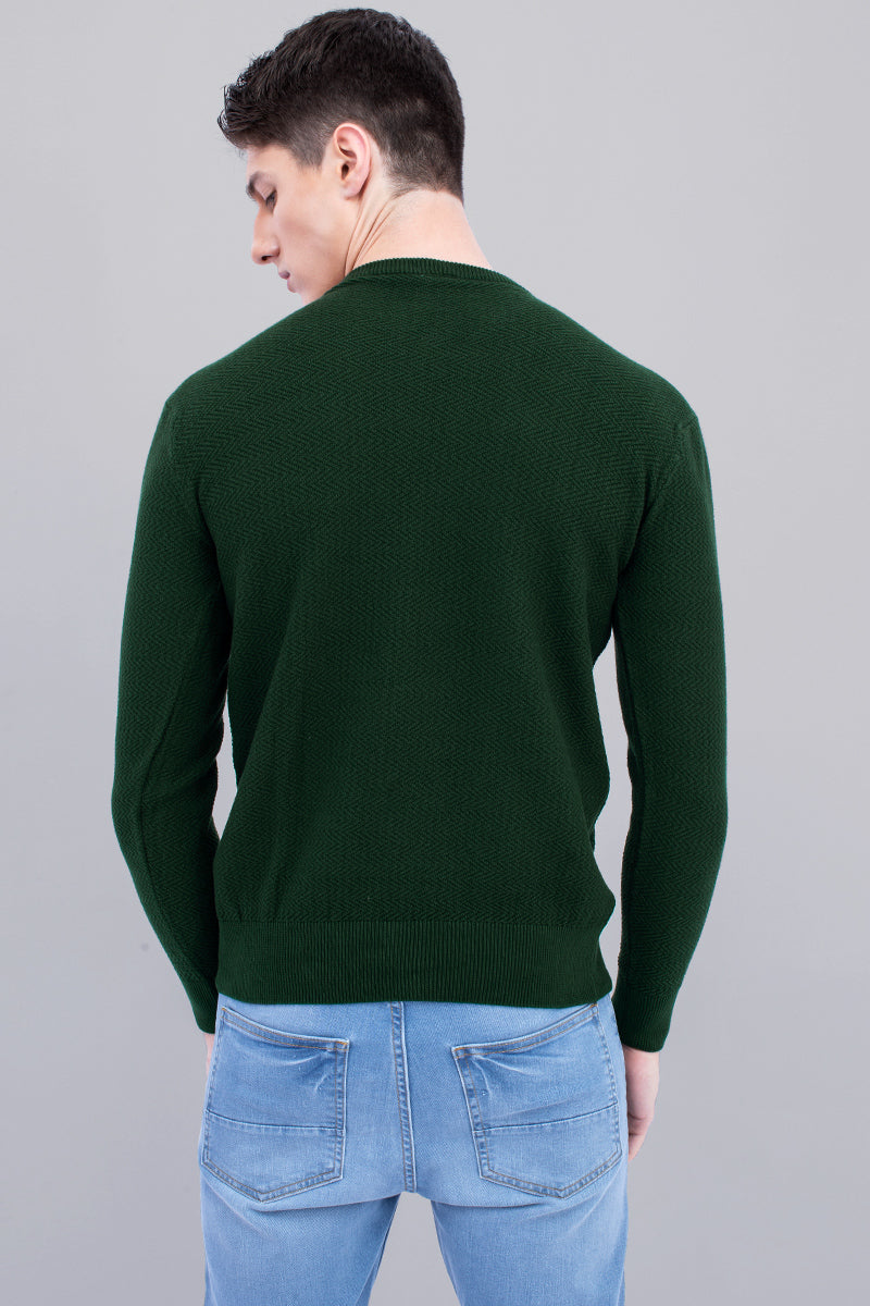 Green Zig Zag Rib-Knit Crew Neck Sweater - SNITCH