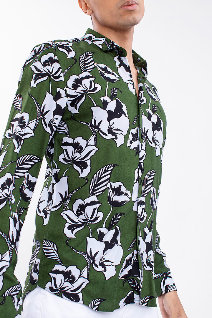 Leaf Green Viscose Floral Print Shirt - SNITCH