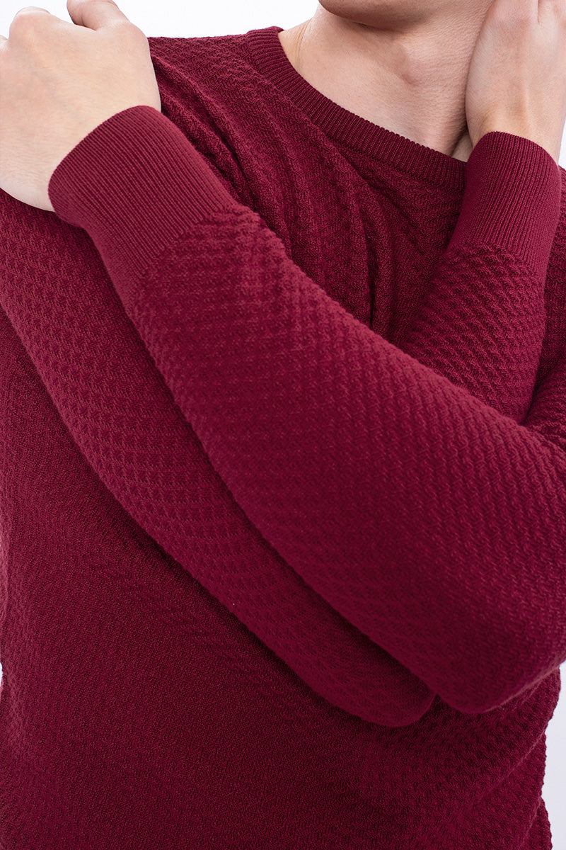 Red Solid Rib-Knit Crew Neck Sweater - SNITCH