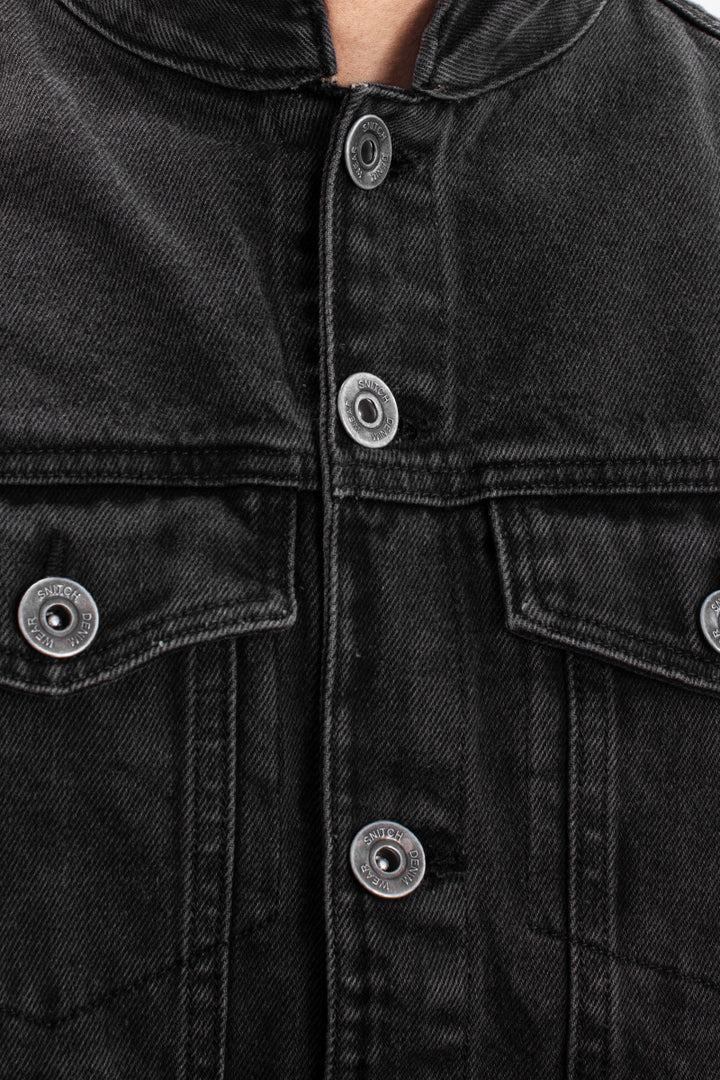 Grey Mandarin Collar Denim Jackets - SNITCH