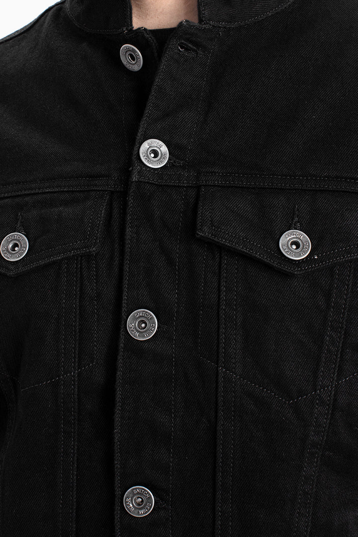Black Mandarin Collar Denim Jackets - SNITCH