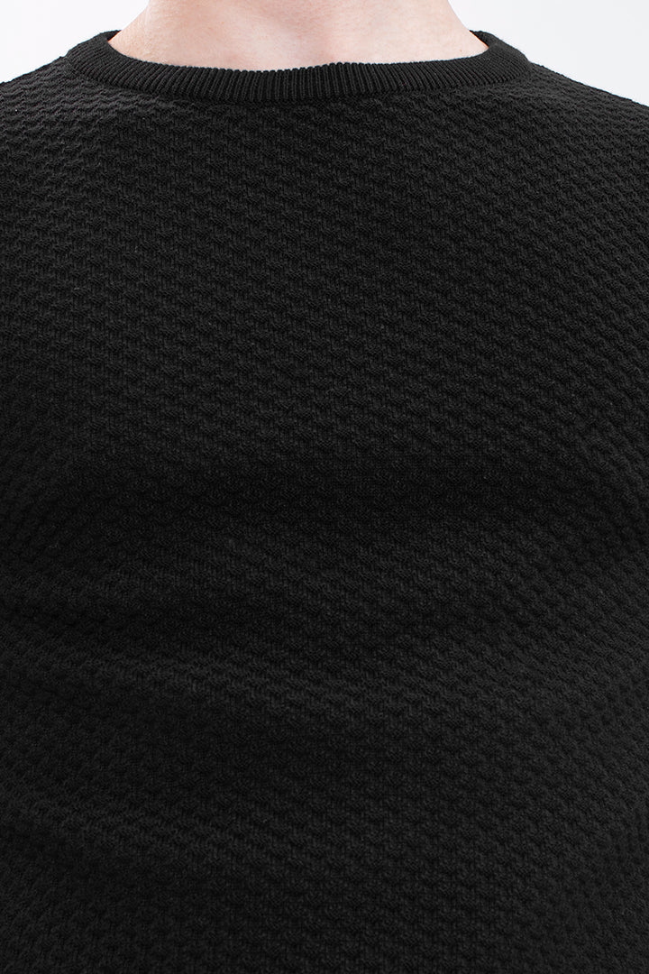 Black Solid Rib-Knit Crew Neck Sweater - SNITCH