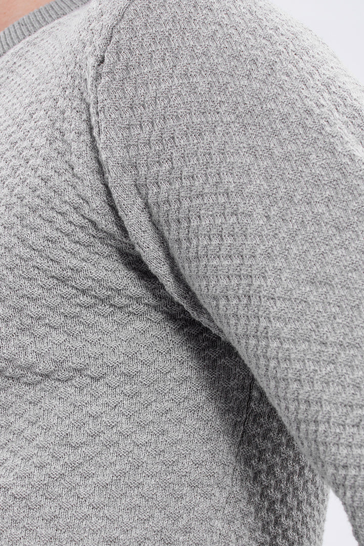 Light Grey Solid Rib-Knit Crew Neck Sweater - SNITCH