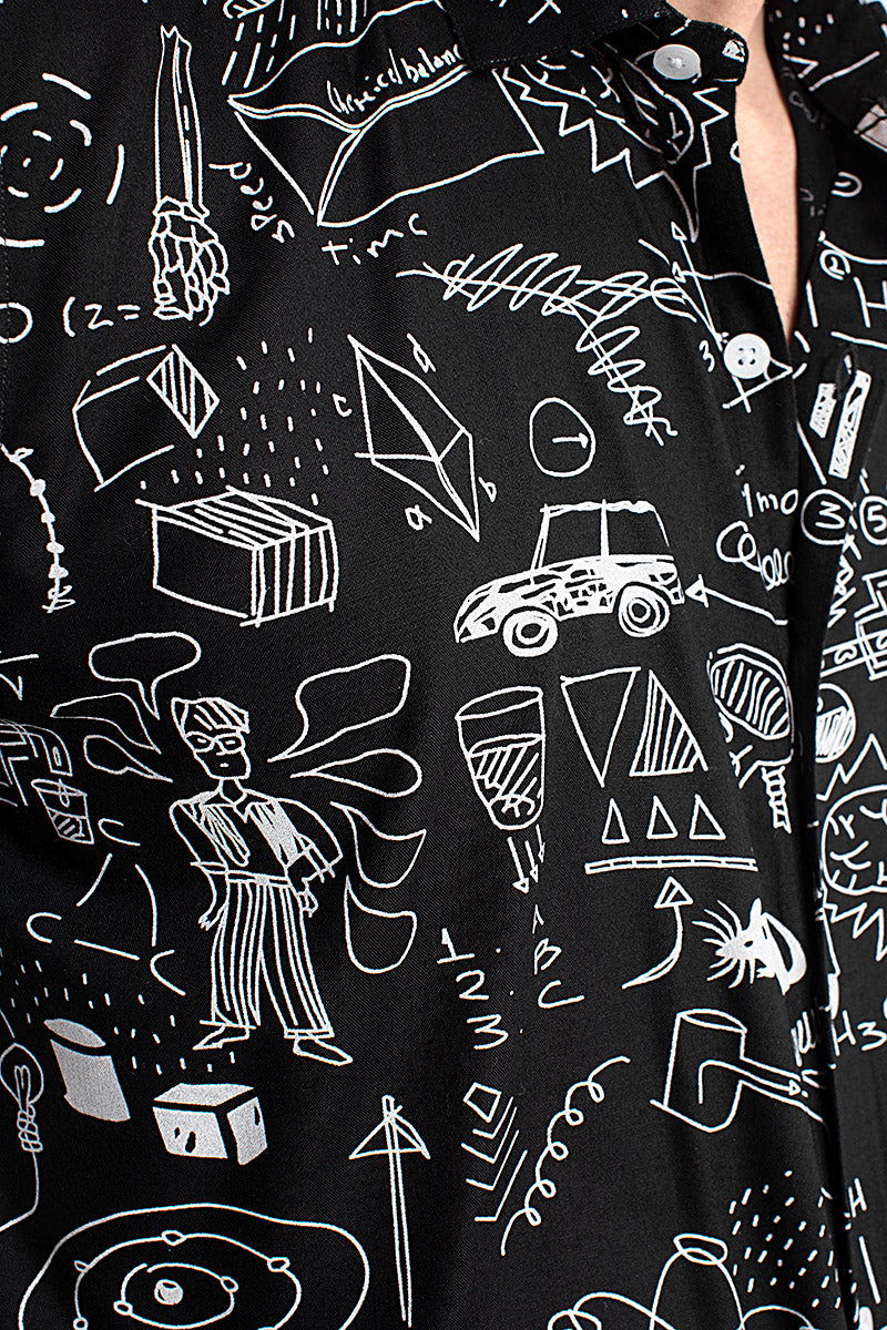 Black Viscose Doodle Print Shirt - SNITCH