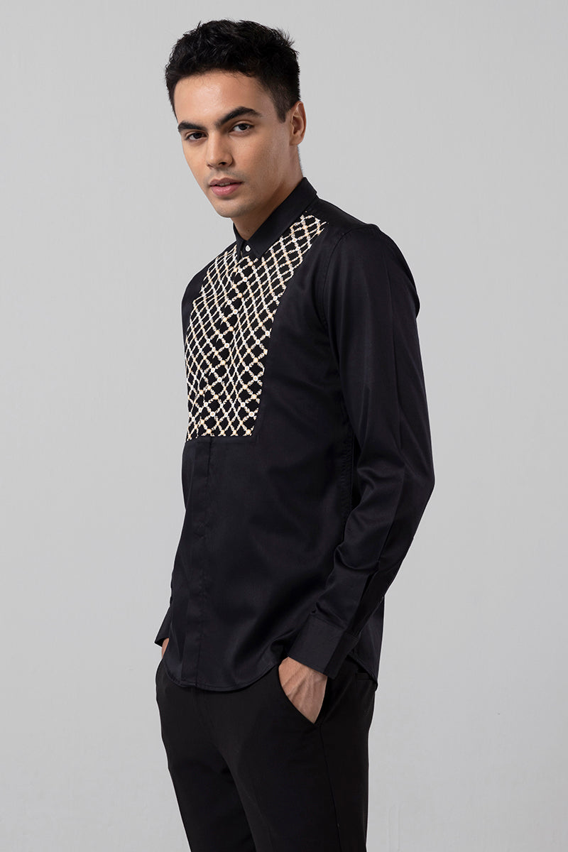 Cross Chain Embroidered Black Shirt