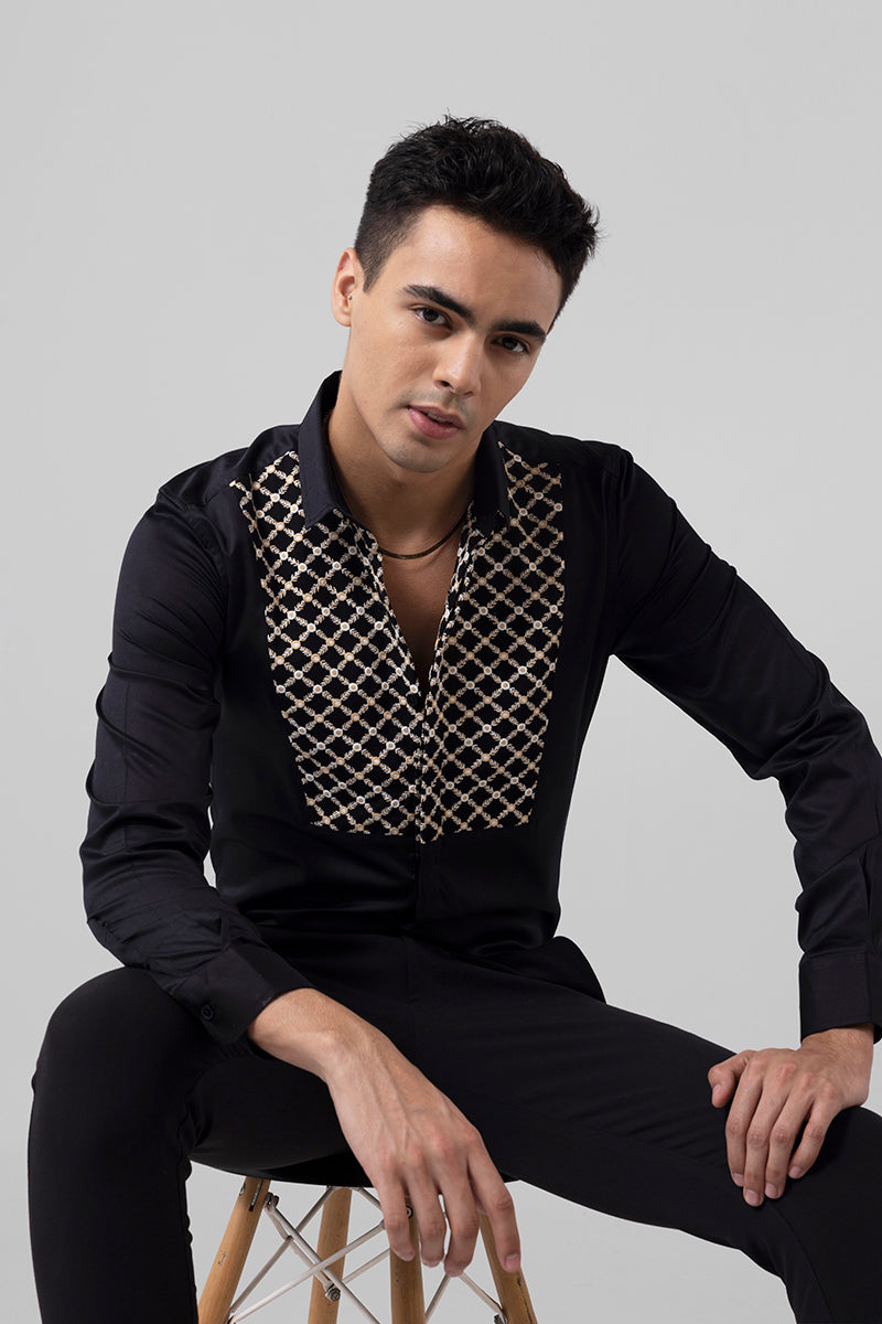 Cross Chain Embroidered Black Shirt