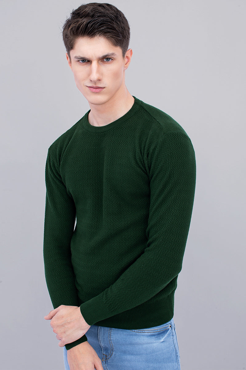 Green Zig Zag Rib-Knit Crew Neck Sweater - SNITCH