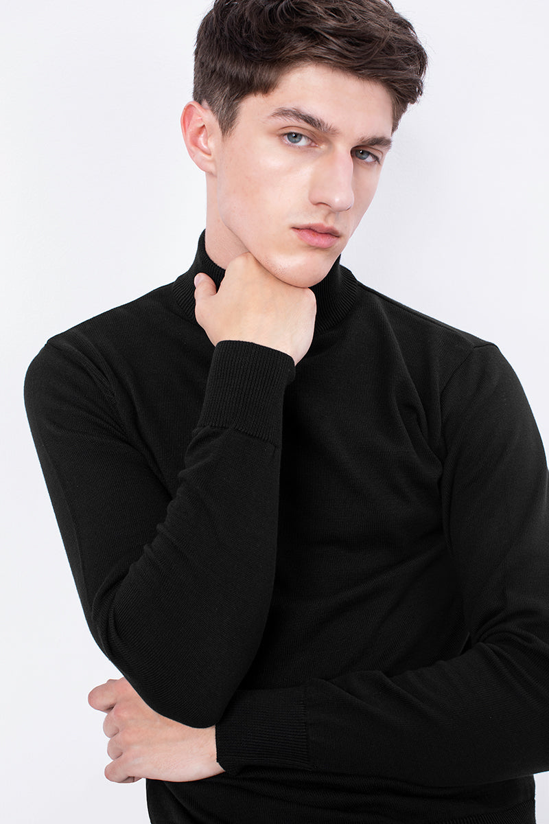 Black Solid Rib-Knit Turtle Neck Sweater - SNITCH