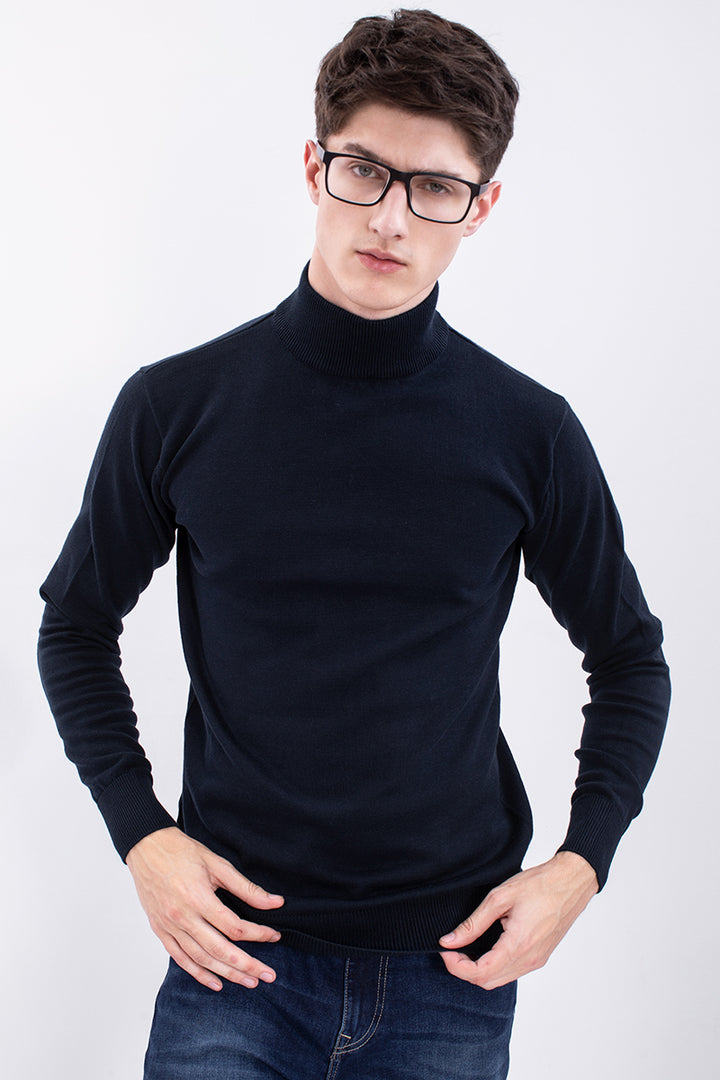 Navy Solid Rib-Knit Turtle Neck Sweater - SNITCH