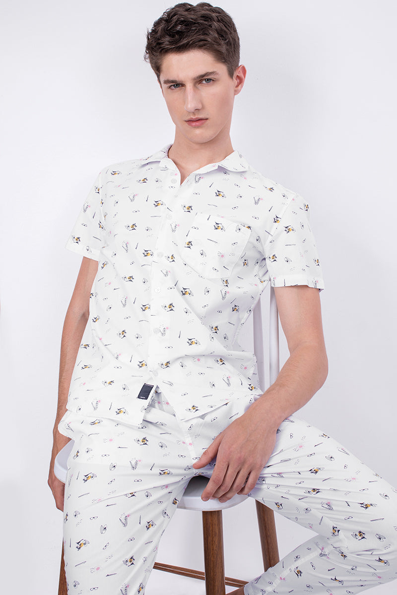 White Fun Beach Print Cotton Pyjama Set - SNITCH