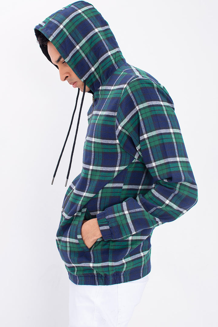 Green Multi Checks Flannel Hoodie Jacket - SNITCH