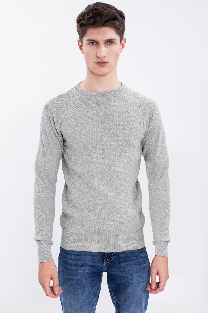 Light Grey Solid Rib-Knit Crew Neck Sweater - SNITCH