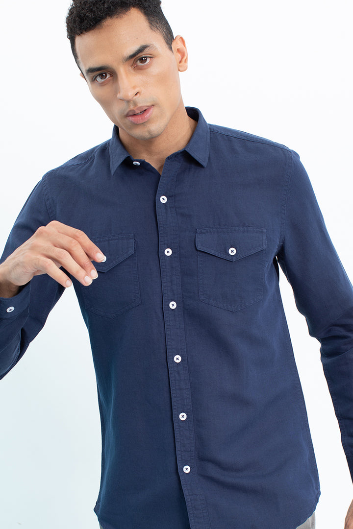 Navy Double Pocket Cotlin Shirt - SNITCH