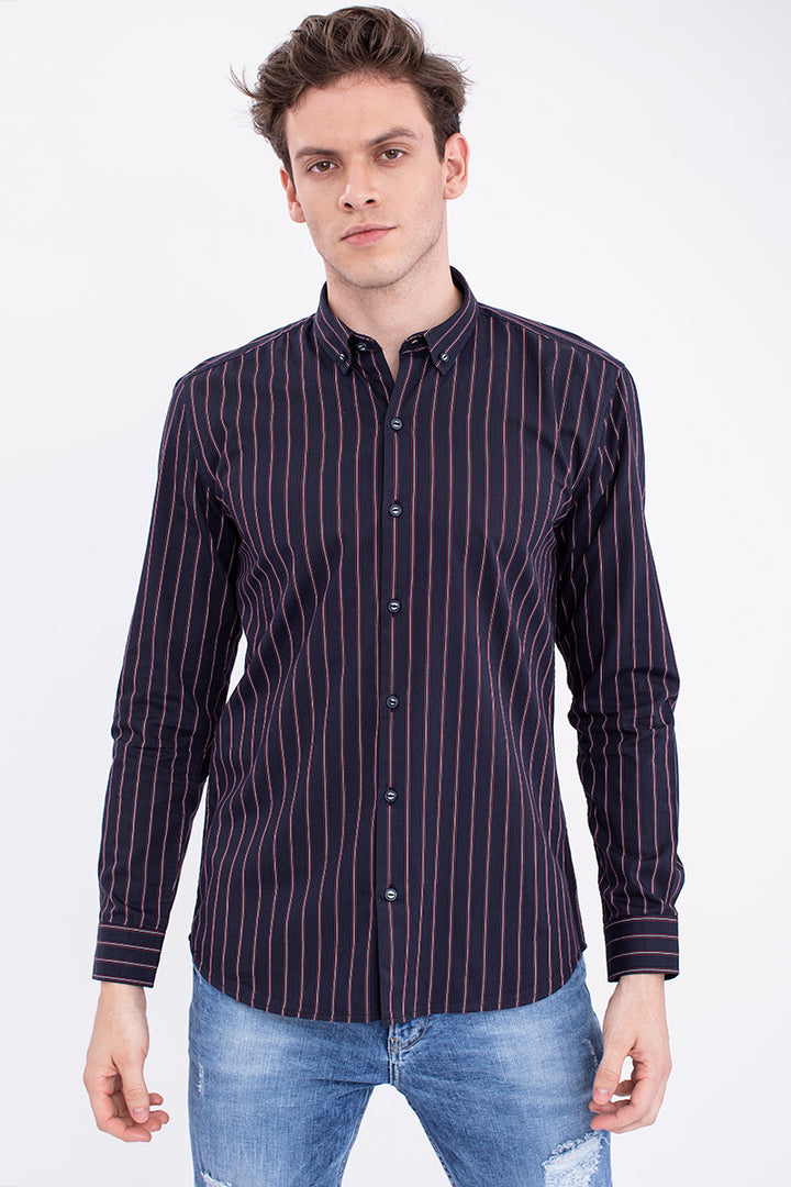 Navy Cotton Twill Stripe Shirt - SNITCH