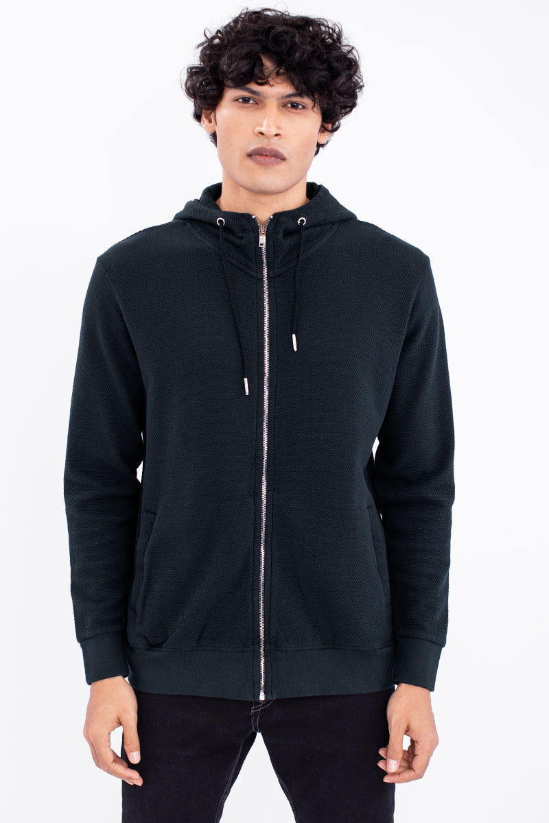 Navy Cotton Stretch Popcorn Knitted Hoodie Jacket - SNITCH