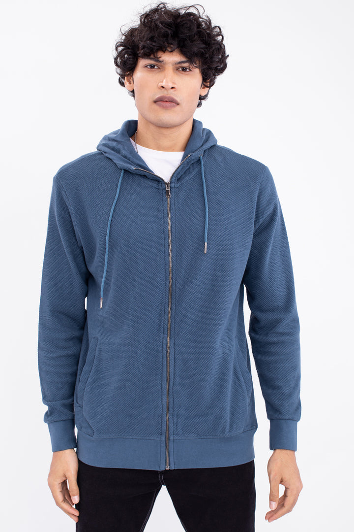 Sapphire Blue Cotton Stretch Popcorn Knitted Hoodie Jacket - SNITCH