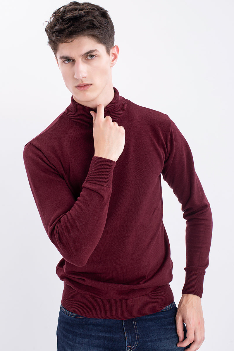 Maroon Solid Rib-Knit Turtle Neck Sweater - SNITCH