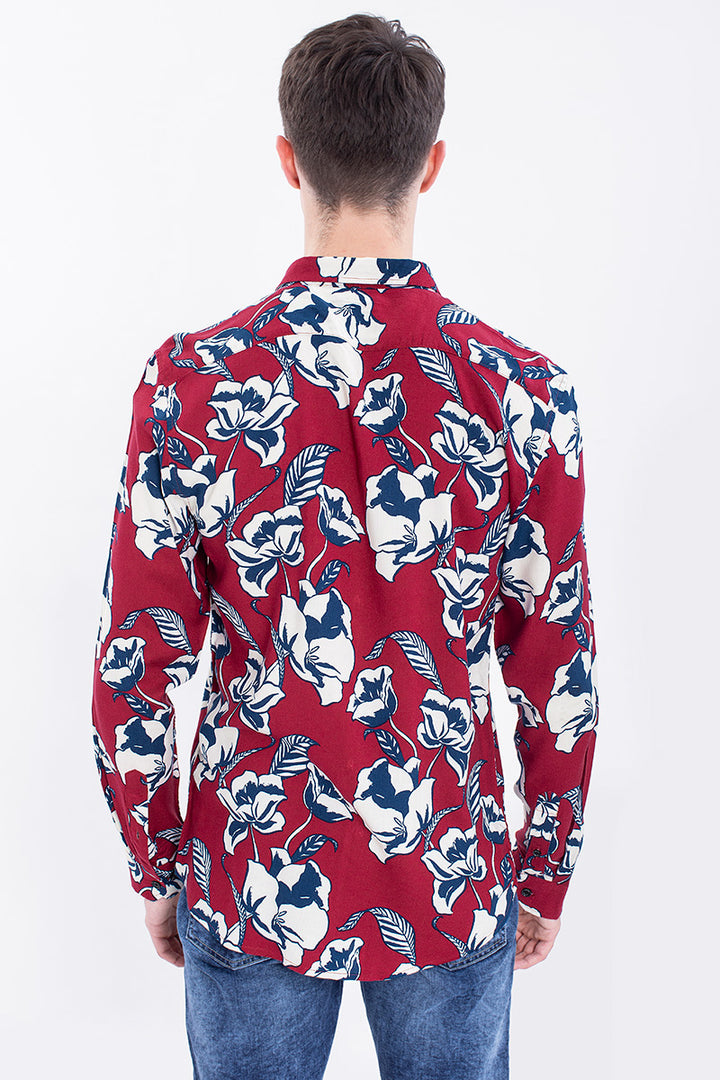 Garnet Red Viscose Floral Print Shirt - SNITCH