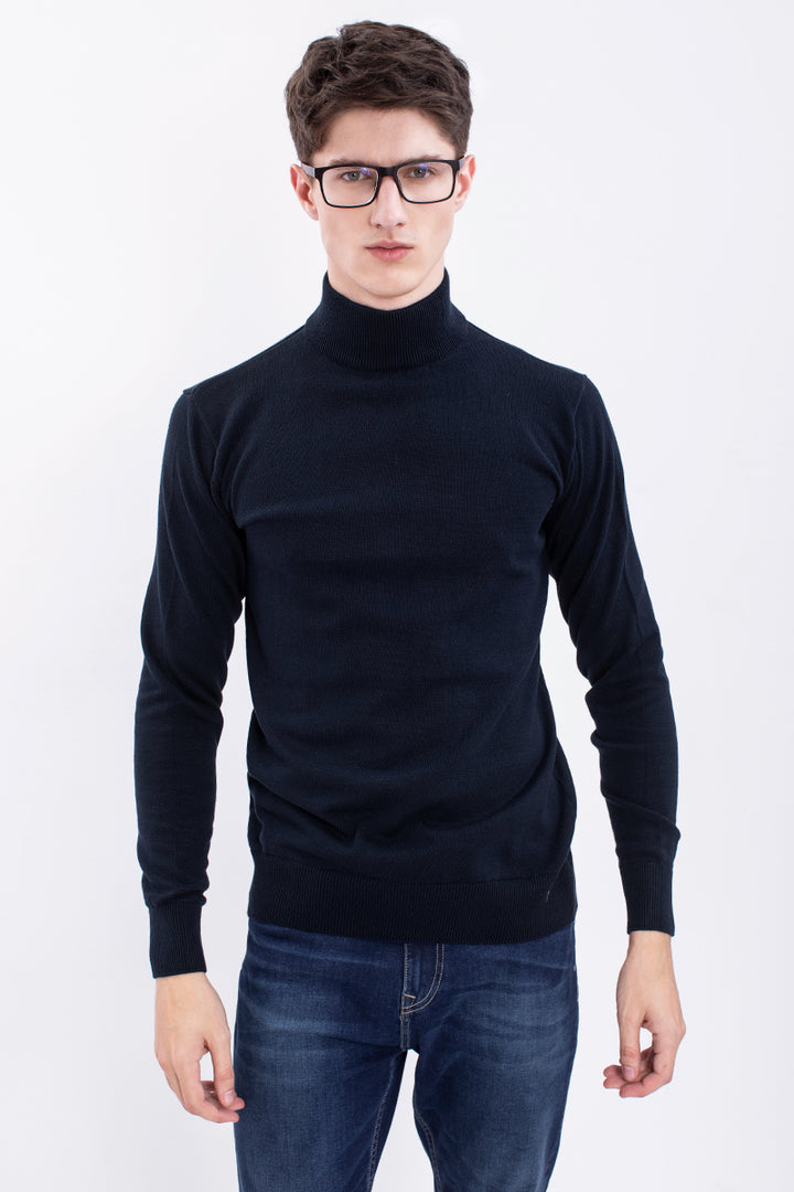 Navy Solid Rib-Knit Turtle Neck Sweater - SNITCH
