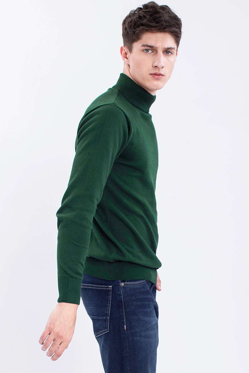 Green Solid Rib-Knit Turtle Neck Sweater - SNITCH