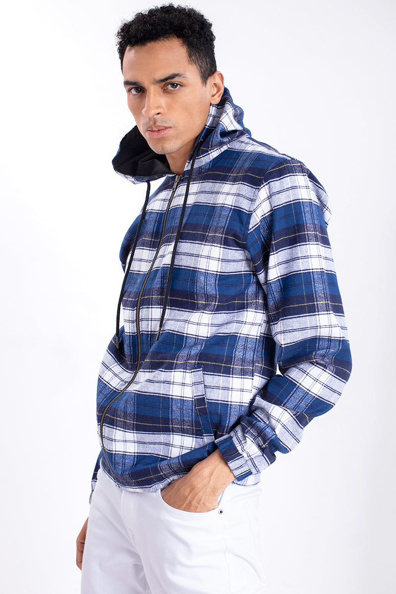 Blue Multi Checks Flannel Hoodie Jacket - SNITCH