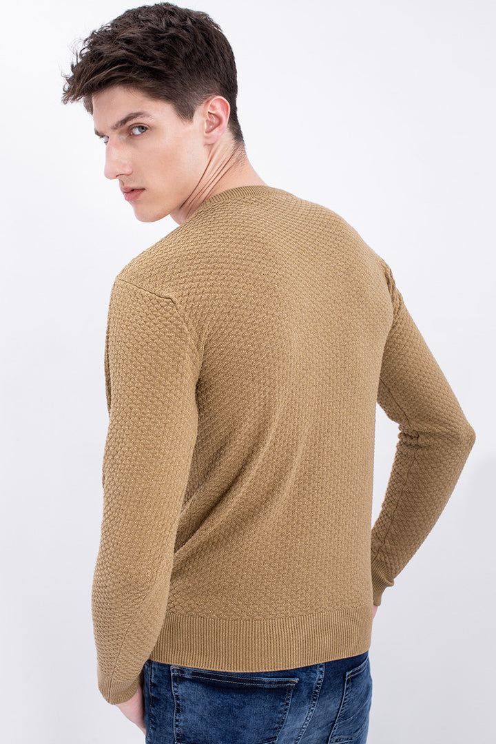 Beige Solid Rib-Knit Crew Neck Sweater - SNITCH