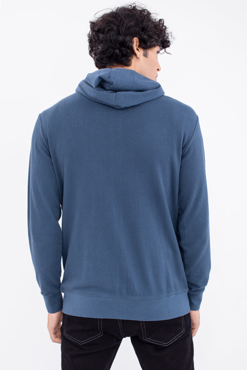 Sapphire Blue Cotton Stretch Popcorn Knitted Hoodie Jacket - SNITCH
