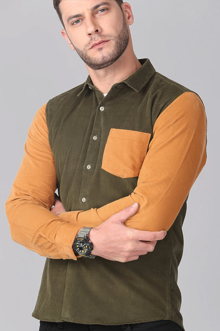 Olive Green With Rustic Orange Corduroy Shirt - SNITCH