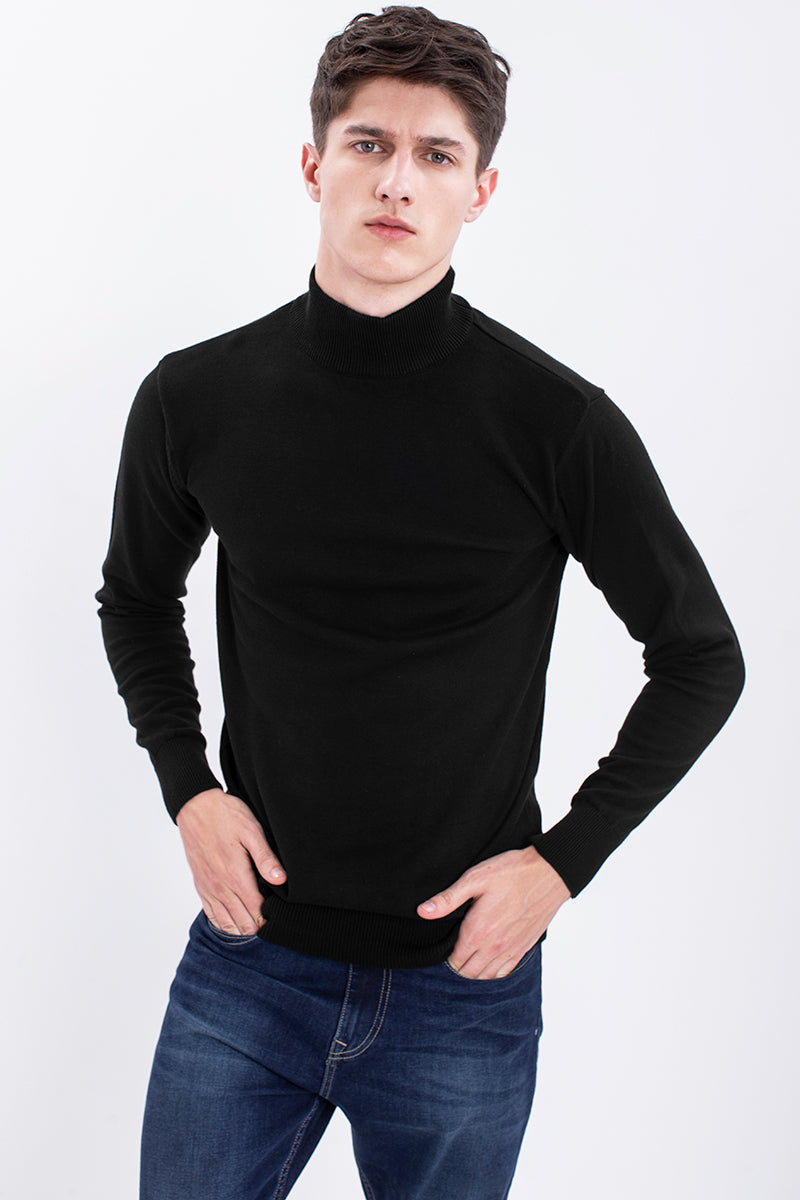 Black Solid Rib-Knit Turtle Neck Sweater - SNITCH