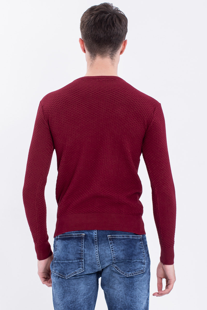 Red Solid Rib-Knit Crew Neck Sweater - SNITCH