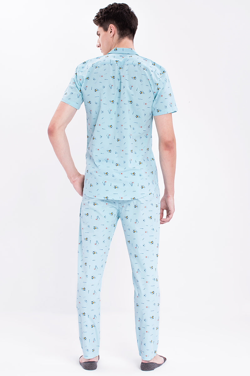 Light Blue Fun Beach Print Cotton Pyjama Set - SNITCH