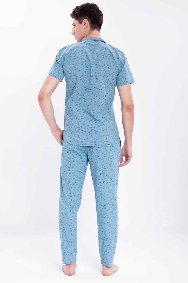 Blue Fun Aeronautical Print Cotton Pyjama Set - SNITCH