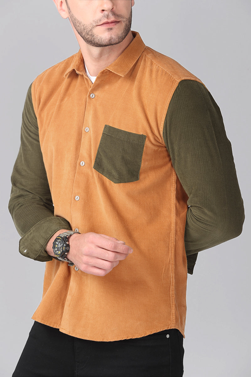 Rustic Orange with Olive Green Corduroy Shirt - SNITCH