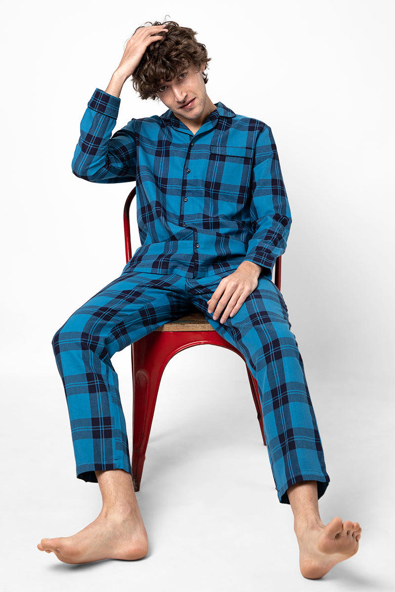 Checkered Blue Night Suit - SNITCH