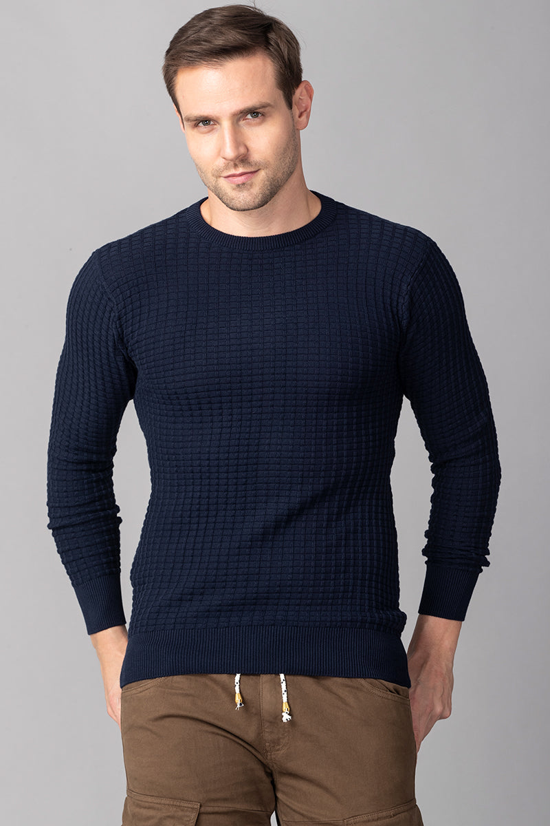 Navy Check Stockinette Sweater - SNITCH