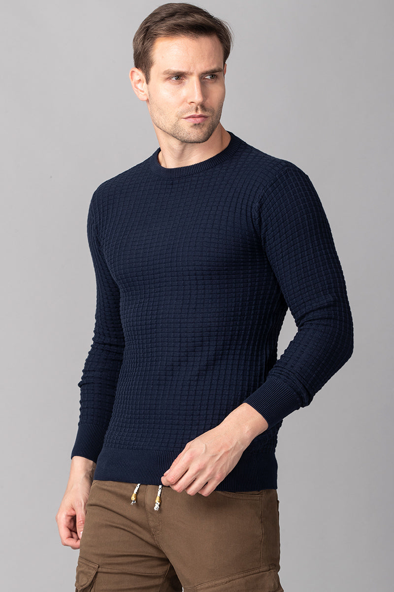 Navy Check Stockinette Sweater - SNITCH