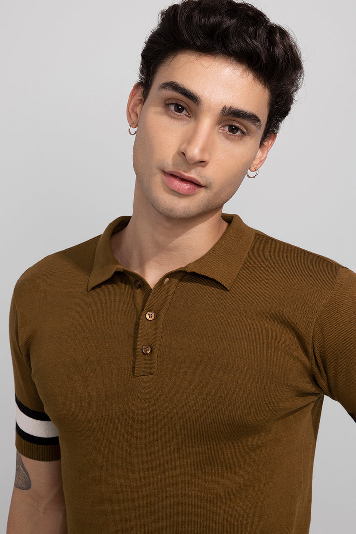 Striped Ribbed Brown Polo T-Shirt