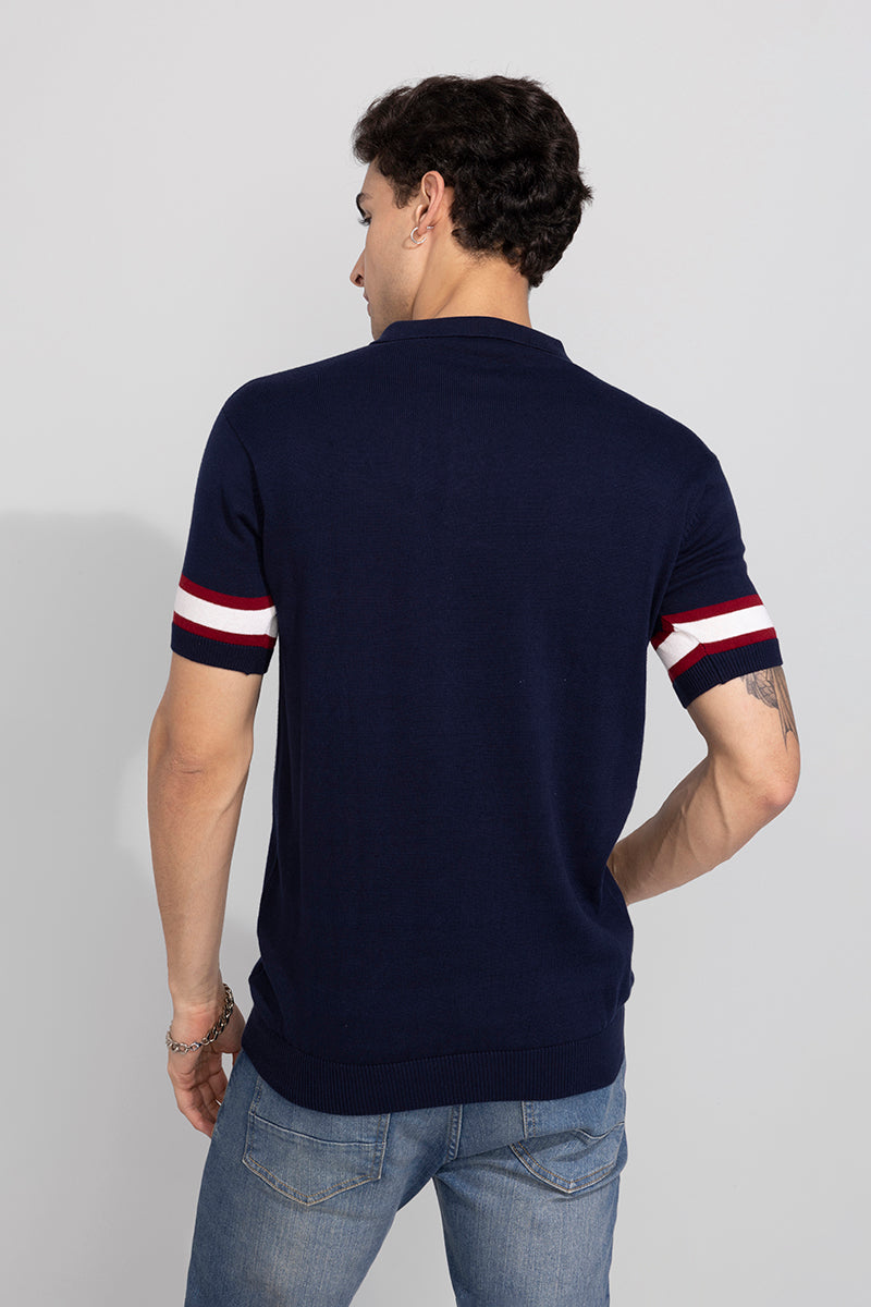 Striped Rib Navy Polo T-Shirt