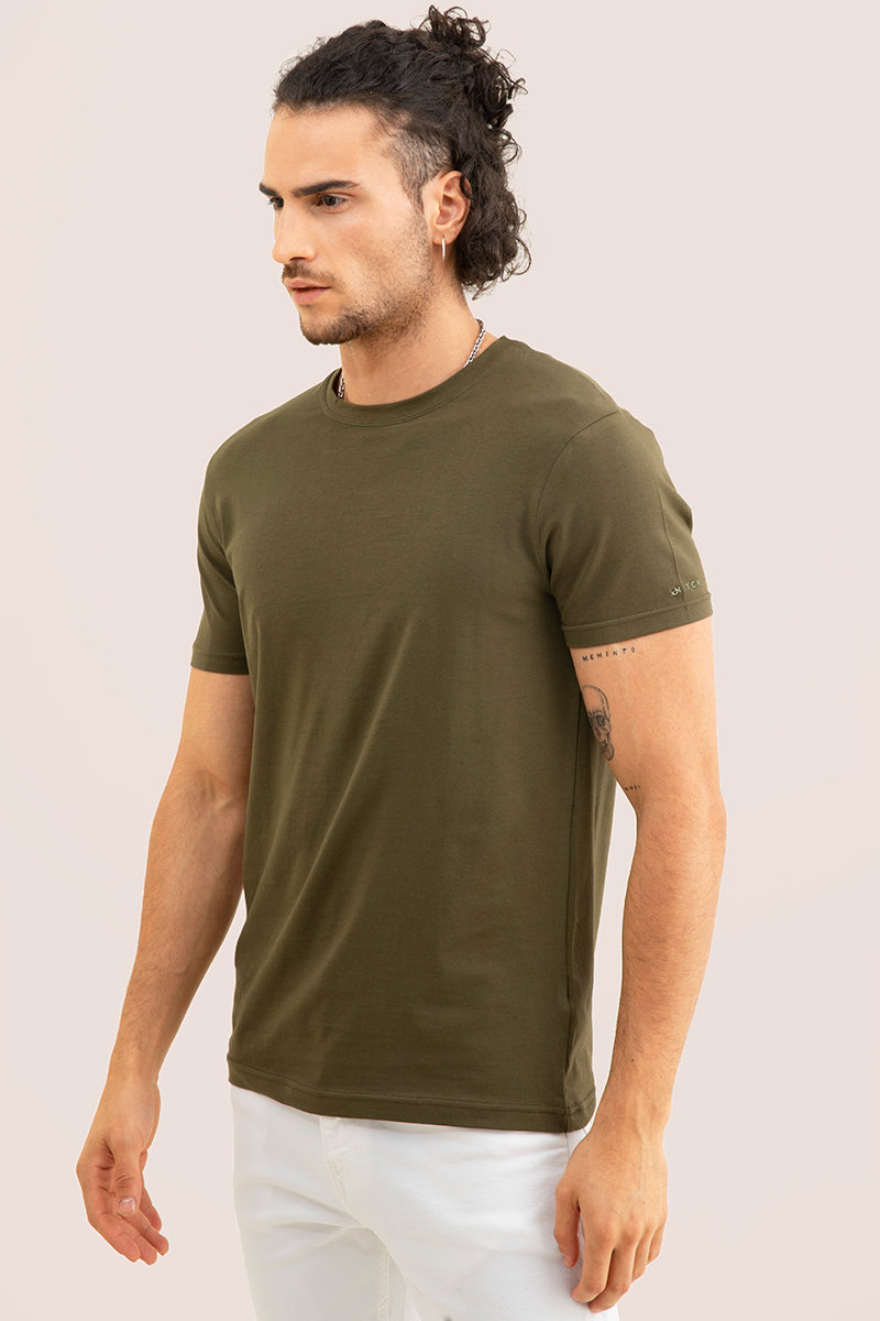 Olive Solid 4 Way Stretch Crew Neck T-Shirts - SNITCH
