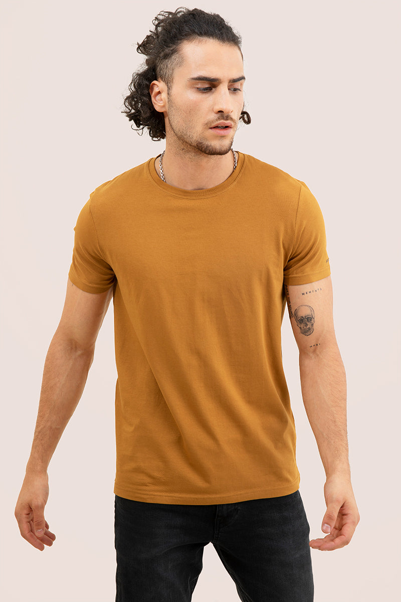 Mustard Solid 4 Way Stretch Crew Neck T Shirts SNITCH
