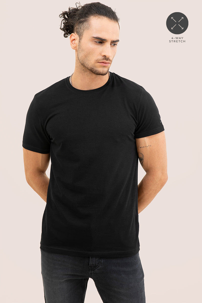 Black Solid 4 Way Stretch Crew Neck T-Shirts - SNITCH